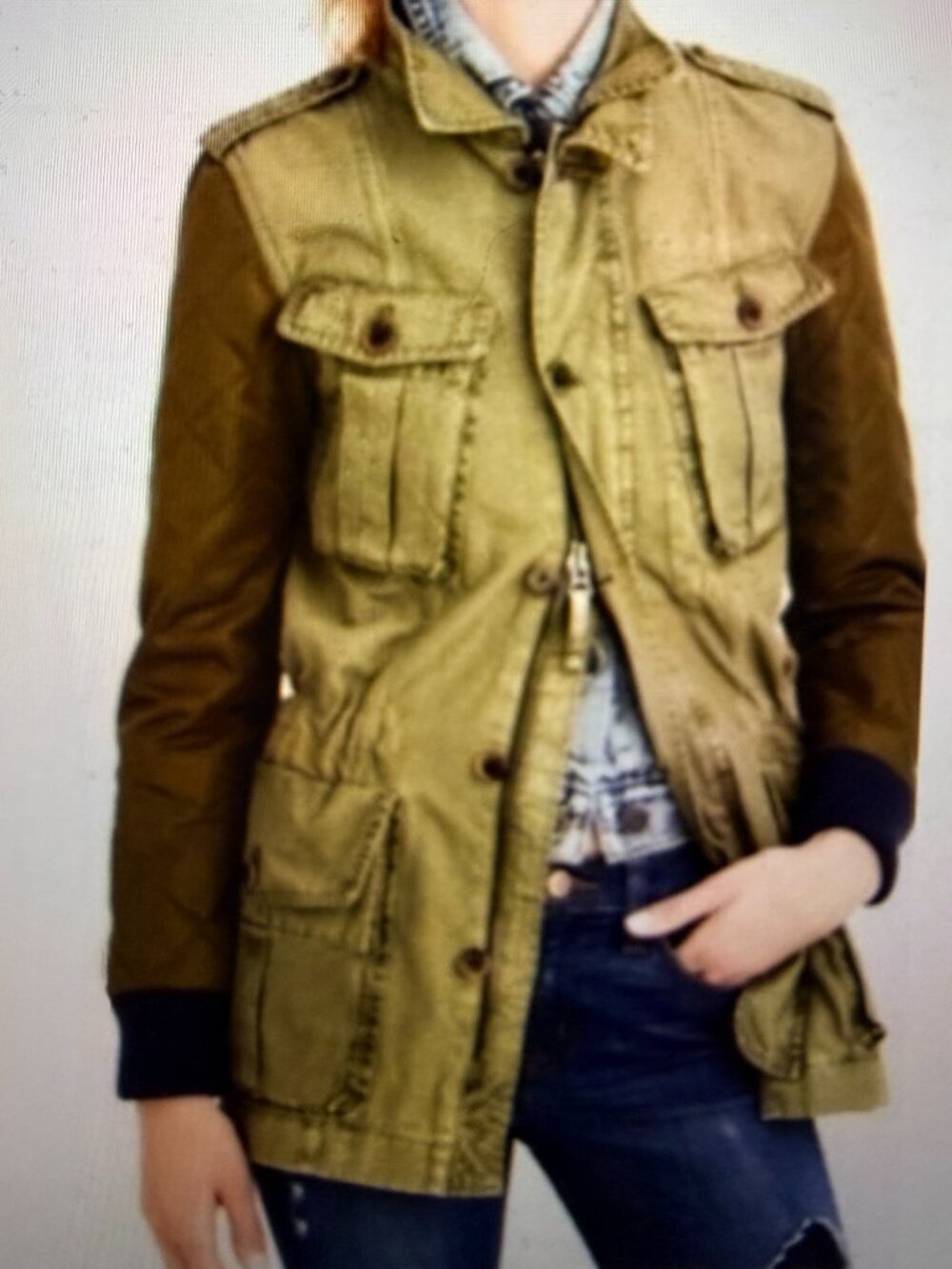 J Crew Wms Boyfriend Fatigue Utility Jacket Khaki 2 Tone Military Field Coat L